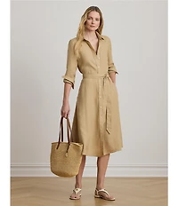 Lauren Ralph Lauren Petite Size Linen Point Collar Neckline Long Button Cuff Sleeves Belted Midi Shirt Dress