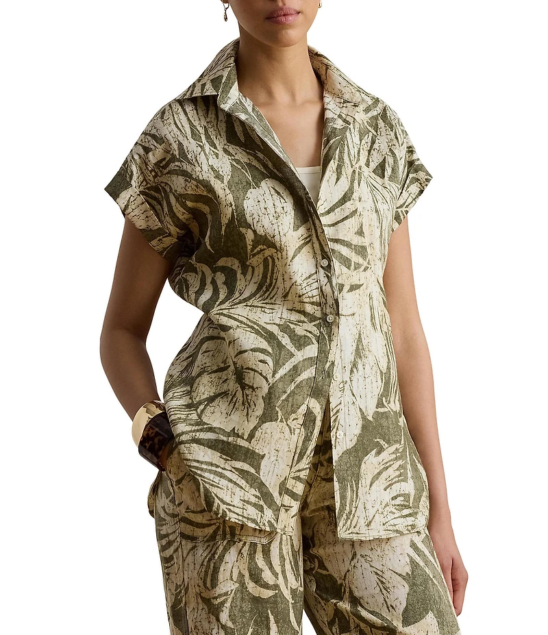 Lauren Ralph Lauren Petite Size Linen Woven Collared Short Sleeve Shirt