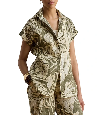 Lauren Ralph Lauren Petite Size Linen Woven Collared Short Sleeve Shirt