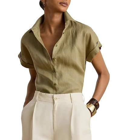 Lauren Ralph Lauren Petite Size Linen Woven Point Collar Short Sleeve Button-Front Shirt