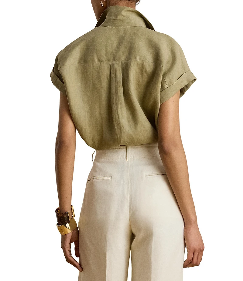 Lauren Ralph Lauren Petite Size Linen Woven Point Collar Short Sleeve Button-Front Shirt