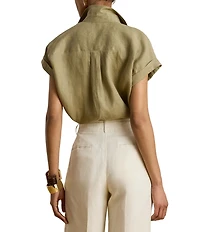 Lauren Ralph Lauren Petite Size Linen Woven Point Collar Short Sleeve Button-Front Shirt