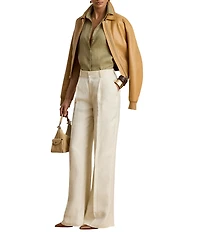 Lauren Ralph Lauren Petite Size Linen Woven Point Collar Short Sleeve Button-Front Shirt