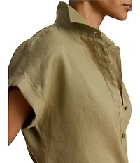 Lauren Ralph Lauren Petite Size Linen Woven Point Collar Short Sleeve Button-Front Shirt