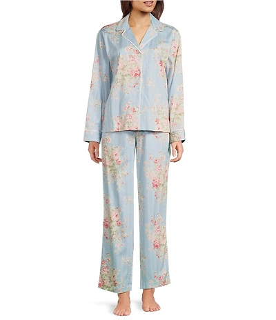 Lauren Ralph Lauren Petite Size Long Sleeve Notch Collar Woven Sateen Floral Print Long Pajama Set