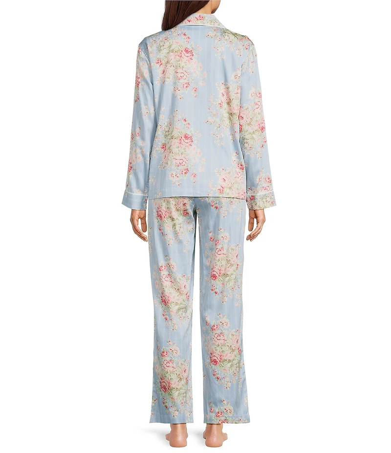 Lauren Ralph Lauren Petite Size Long Sleeve Notch Collar Woven Sateen Floral Print Long Pajama Set