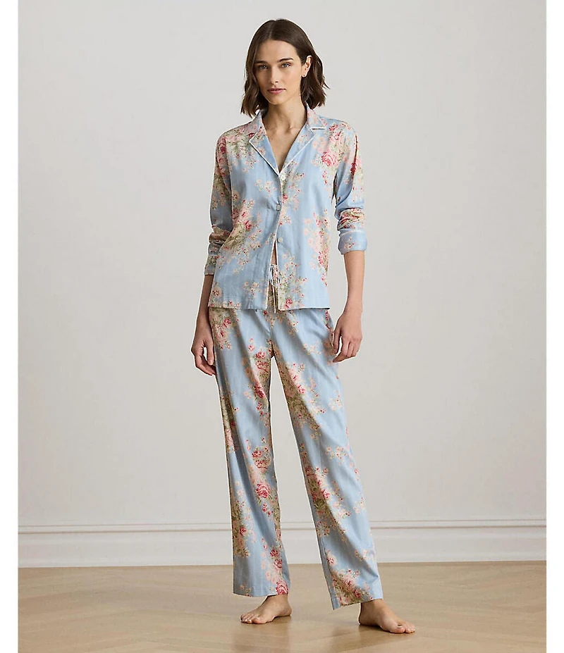 Lauren Ralph Lauren Petite Size Long Sleeve Notch Collar Woven Sateen Floral Print Long Pajama Set