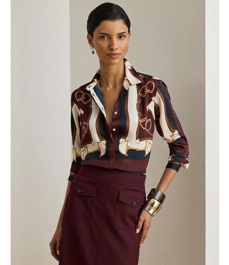 Lauren Ralph Lauren Petite Size Luxe Twill Classic Fit Equestrian Print Button-Front Shirt