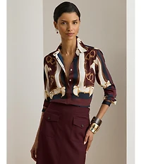 Lauren Ralph Lauren Petite Size Luxe Twill Classic Fit Equestrian Print Button-Front Shirt