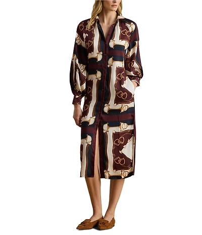 Lauren Ralph Lauren Petite Size Luxe Twill Equestrian-Inspired Print Point Collar Long Sleeve Button Front Midi Shirtdress