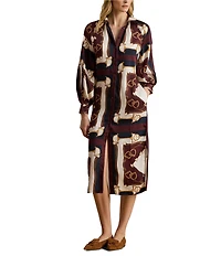 Lauren Ralph Lauren Petite Size Luxe Twill Equestrian-Inspired Print Point Collar Long Sleeve Button Front Midi Shirtdress