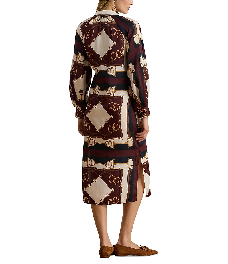 Lauren Ralph Lauren Petite Size Luxe Twill Equestrian-Inspired Print Point Collar Long Sleeve Button Front Midi Shirtdress
