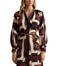 Lauren Ralph Lauren Petite Size Luxe Twill Equestrian-Inspired Print Point Collar Long Sleeve Button Front Midi Shirtdress