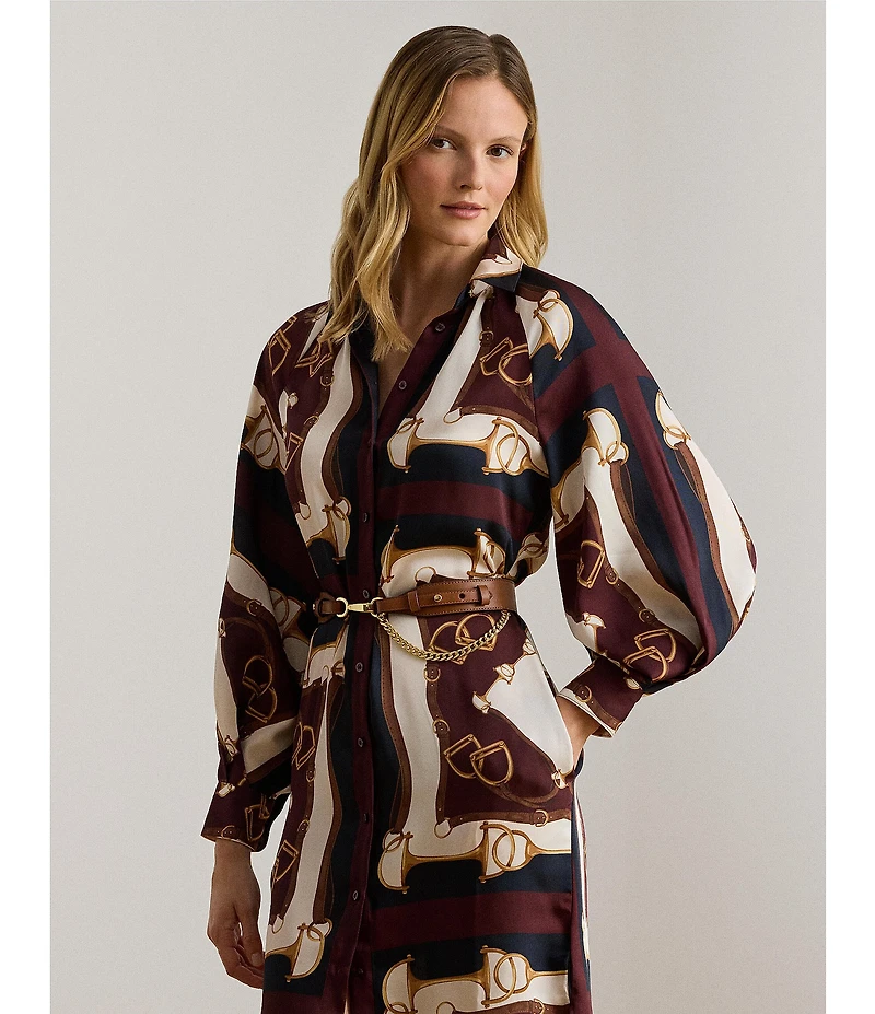 Lauren Ralph Lauren Petite Size Luxe Twill Equestrian-Inspired Print Point Collar Long Sleeve Button Front Midi Shirtdress