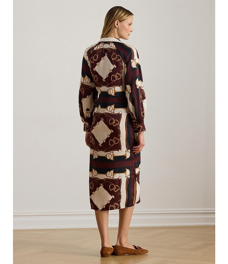 Lauren Ralph Lauren Petite Size Luxe Twill Equestrian-Inspired Print Point Collar Long Sleeve Button Front Midi Shirtdress