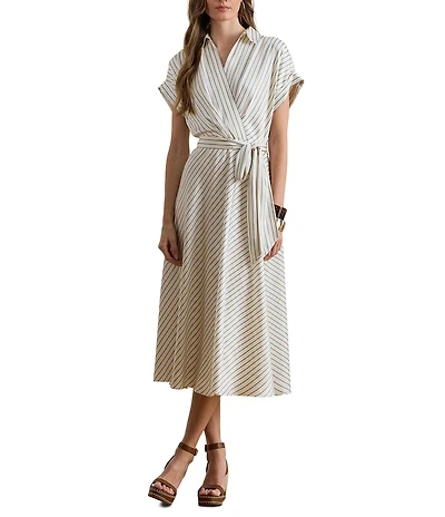Lauren Ralph Lauren Petite Size Luxe Twill Stripe Surplice Spread Collar Short Rolled Sleeve Belted Dress