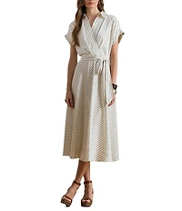 Lauren Ralph Lauren Petite Size Luxe Twill Stripe Surplice Spread Collar Short Rolled Sleeve Belted Dress