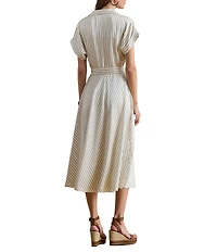 Lauren Ralph Lauren Petite Size Luxe Twill Stripe Surplice Spread Collar Short Rolled Sleeve Belted Dress