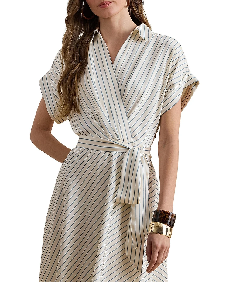 Lauren Ralph Lauren Petite Size Luxe Twill Stripe Surplice Spread Collar Short Rolled Sleeve Belted Dress