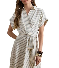 Lauren Ralph Lauren Petite Size Luxe Twill Stripe Surplice Spread Collar Short Rolled Sleeve Belted Dress