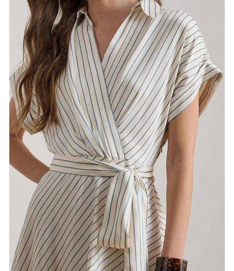 Lauren Ralph Lauren Petite Size Luxe Twill Stripe Surplice Spread Collar Short Rolled Sleeve Belted Dress