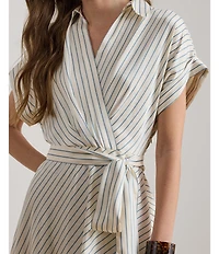 Lauren Ralph Lauren Petite Size Luxe Twill Stripe Surplice Spread Collar Short Rolled Sleeve Belted Dress