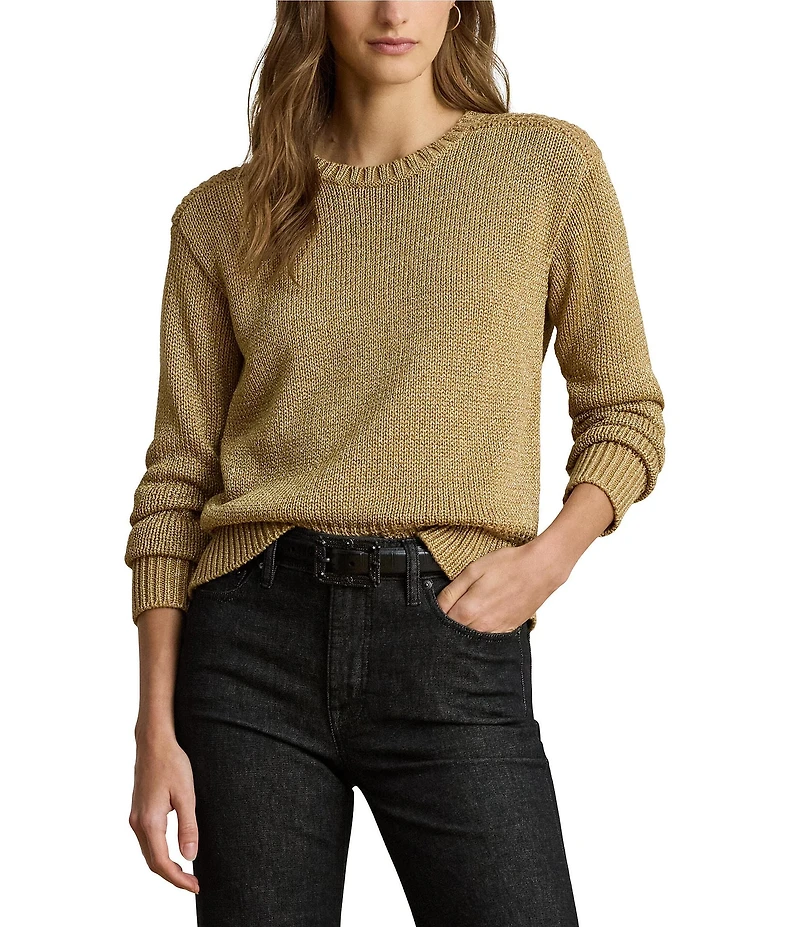 Lauren Ralph Lauren Petite Size Metallic Cotton-Blend Crew Neck Long Sleeve Sweater