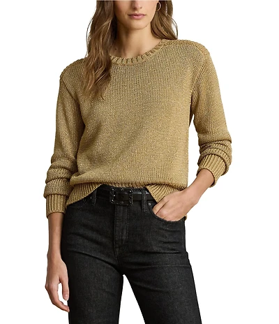 Lauren Ralph Lauren Petite Size Metallic Cotton-Blend Crew Neck Long Sleeve Sweater