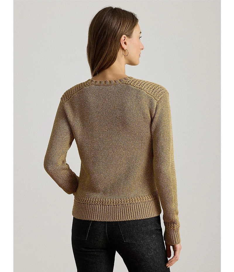 Lauren Ralph Lauren Petite Size Metallic Cotton-Blend Crew Neck Long Sleeve Sweater