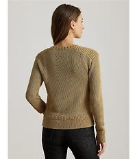 Lauren Ralph Lauren Petite Size Metallic Cotton-Blend Crew Neck Long Sleeve Sweater