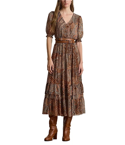 Lauren Ralph Lauren Petite Size Paisley Belted Georgette A-Line Dress