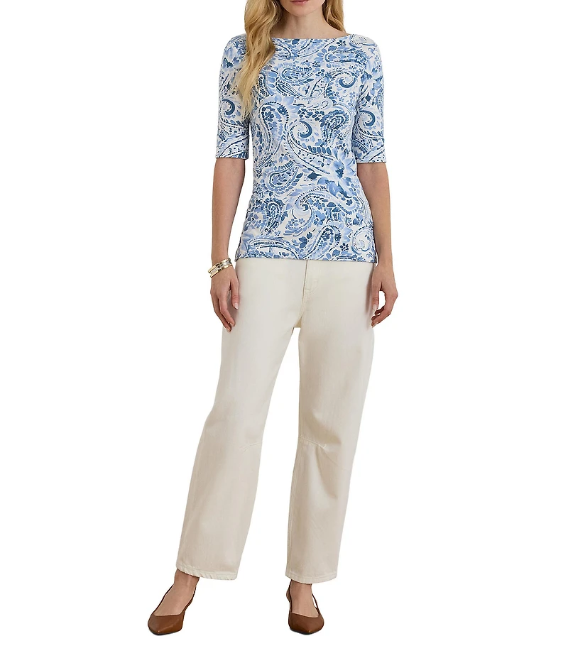 Lauren Ralph Lauren Petite Size Paisley Boat Neck Elbow Cuff Sleeve Tee