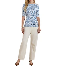 Lauren Ralph Lauren Petite Size Paisley Boat Neck Elbow Cuff Sleeve Tee