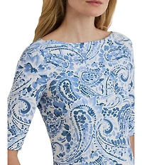 Lauren Ralph Lauren Petite Size Paisley Boat Neck Elbow Cuff Sleeve Tee