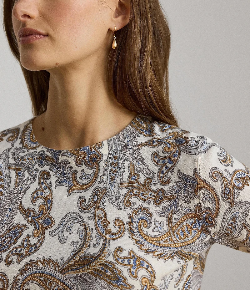 Lauren Ralph Lauren Petite Size Paisley Cotton- Modal Crew Neck Long Sleeve Sweater