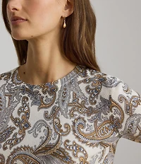 Lauren Ralph Lauren Petite Size Paisley Cotton- Modal Crew Neck Long Sleeve Sweater
