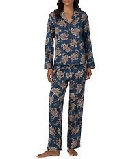 Lauren Ralph Lauren Petite Size Paisley Print Long Sleeve Notch Collar Woven Sateen Pant Pajama Set