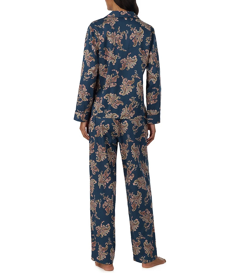 Lauren Ralph Lauren Petite Size Paisley Print Long Sleeve Notch Collar Woven Sateen Pant Pajama Set
