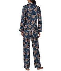 Lauren Ralph Lauren Petite Size Paisley Print Long Sleeve Notch Collar Woven Sateen Pant Pajama Set