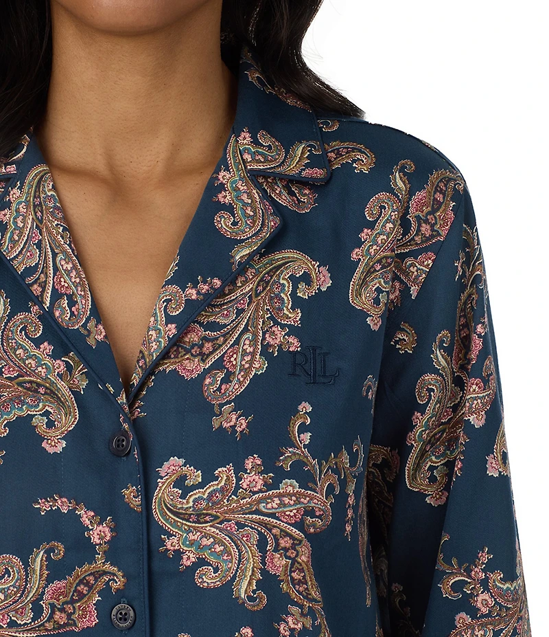 Lauren Ralph Lauren Petite Size Paisley Print Long Sleeve Notch Collar Woven Sateen Pant Pajama Set
