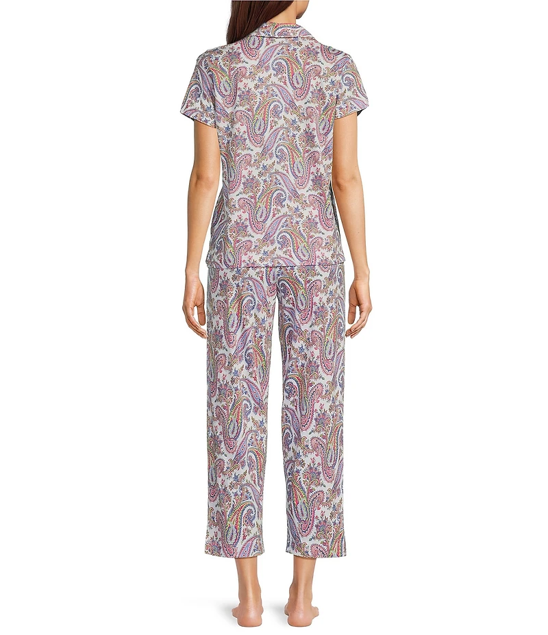 Lauren Ralph Lauren Petite Size Paisley Print Short Sleeve Notch Collar Knit Cropped Pajama Set