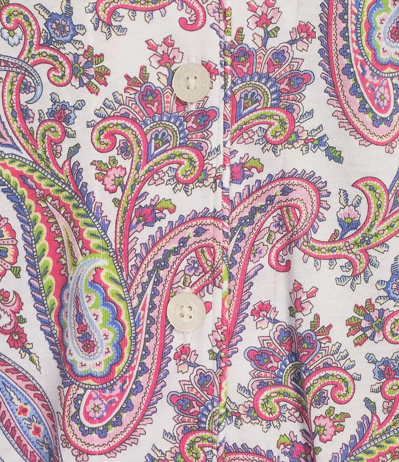 Lauren Ralph Lauren Petite Size Paisley Print Short Sleeve Notch Collar Knit Cropped Pajama Set