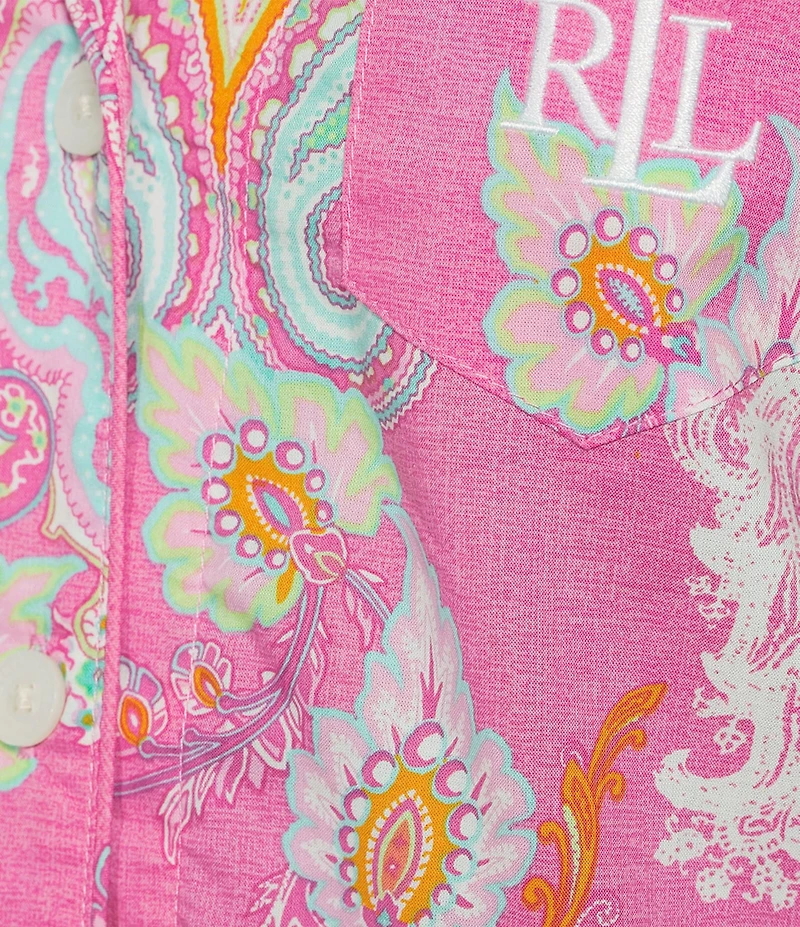 Lauren Ralph Lauren Petite Size Paisley Print Short Sleeve Notch Collar Woven Cropped Pajama Set