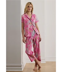 Lauren Ralph Lauren Petite Size Paisley Print Short Sleeve Notch Collar Woven Cropped Pajama Set