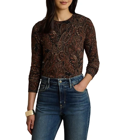 Lauren Ralph Lauren Petite Size Paisley Stretch Jersey Spread Collar Long Sleeve Button Front Placket Shirt