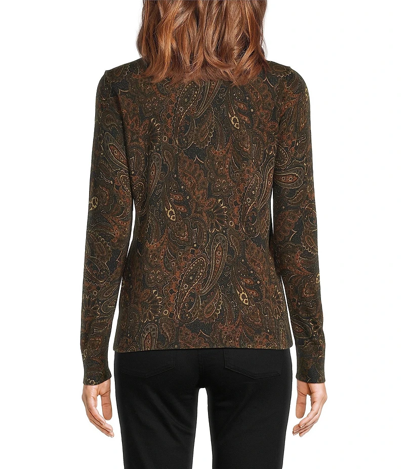 Lauren Ralph Lauren Petite Size Paisley Stretch Jersey Spread Collar Long Sleeve Button Front Placket Shirt
