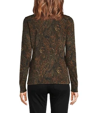 Lauren Ralph Lauren Petite Size Paisley Stretch Jersey Spread Collar Long Sleeve Button Front Placket Shirt