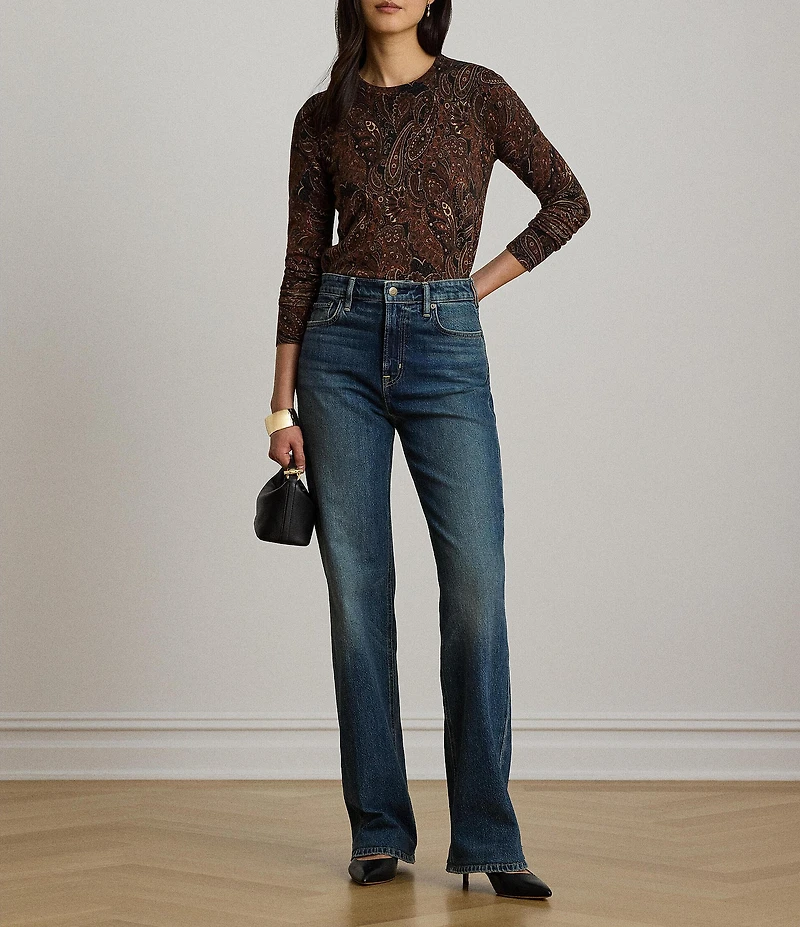 Lauren Ralph Lauren Petite Size Paisley Stretch Jersey Spread Collar Long Sleeve Button Front Placket Shirt