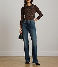 Lauren Ralph Lauren Petite Size Paisley Stretch Jersey Spread Collar Long Sleeve Button Front Placket Shirt