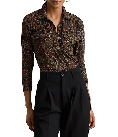 Lauren Ralph Lauren Petite Size Paisley Stretch Jersey Spread Collar Long Sleeve Button Front Placket Shirt